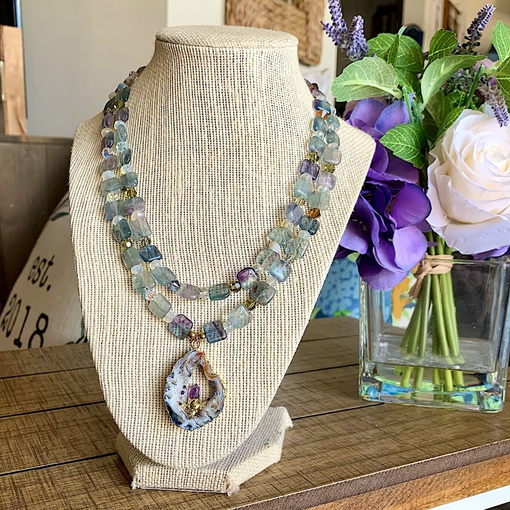 Handmade geode, amethyst, fluorite, & Swarovski crystal double strand necklace - Picture 1 of 8
